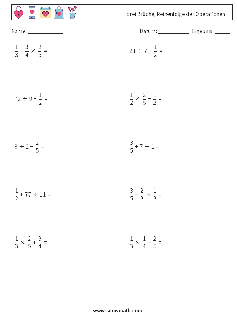 (10) drei Brüche, Reihenfolge der Operationen Mathe-Arbeitsblätter 15