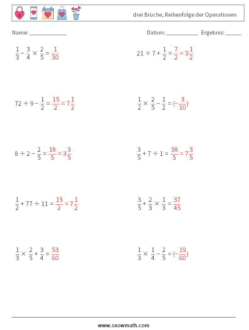 (10) drei Brüche, Reihenfolge der Operationen Mathe-Arbeitsblätter 15 Frage, Antwort