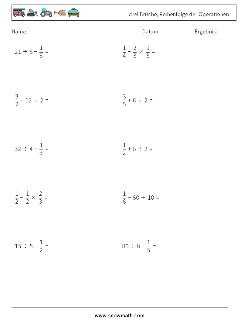 (10) drei Brüche, Reihenfolge der Operationen Mathe-Arbeitsblätter 16