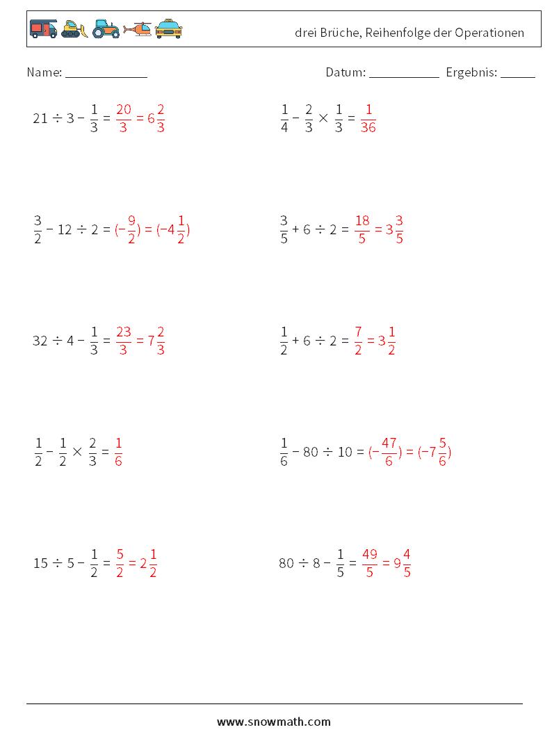 (10) drei Brüche, Reihenfolge der Operationen Mathe-Arbeitsblätter 16 Frage, Antwort