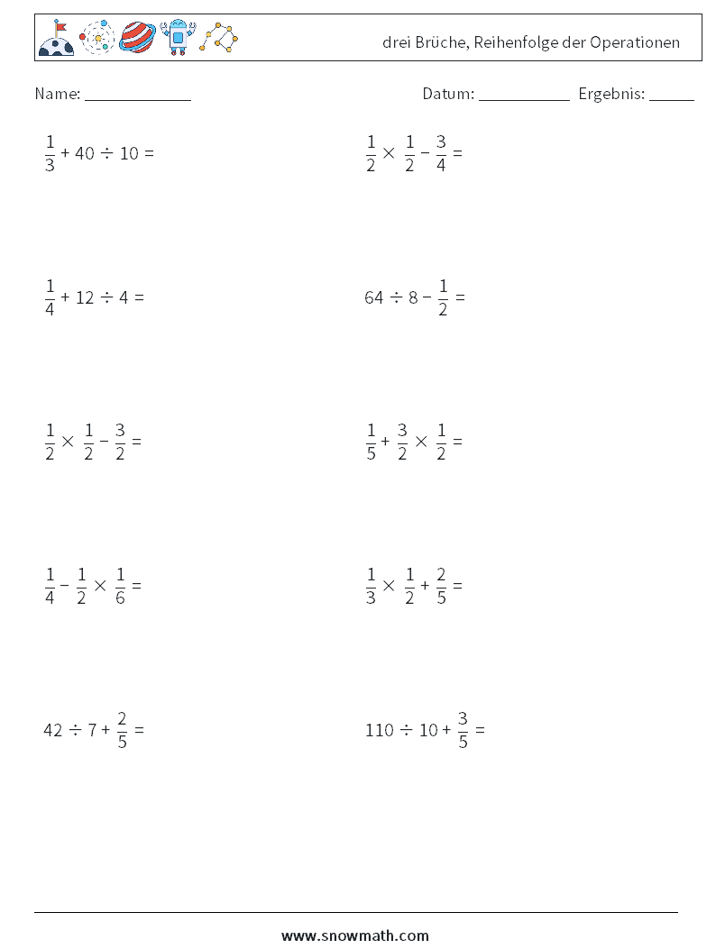 (10) drei Brüche, Reihenfolge der Operationen Mathe-Arbeitsblätter 17