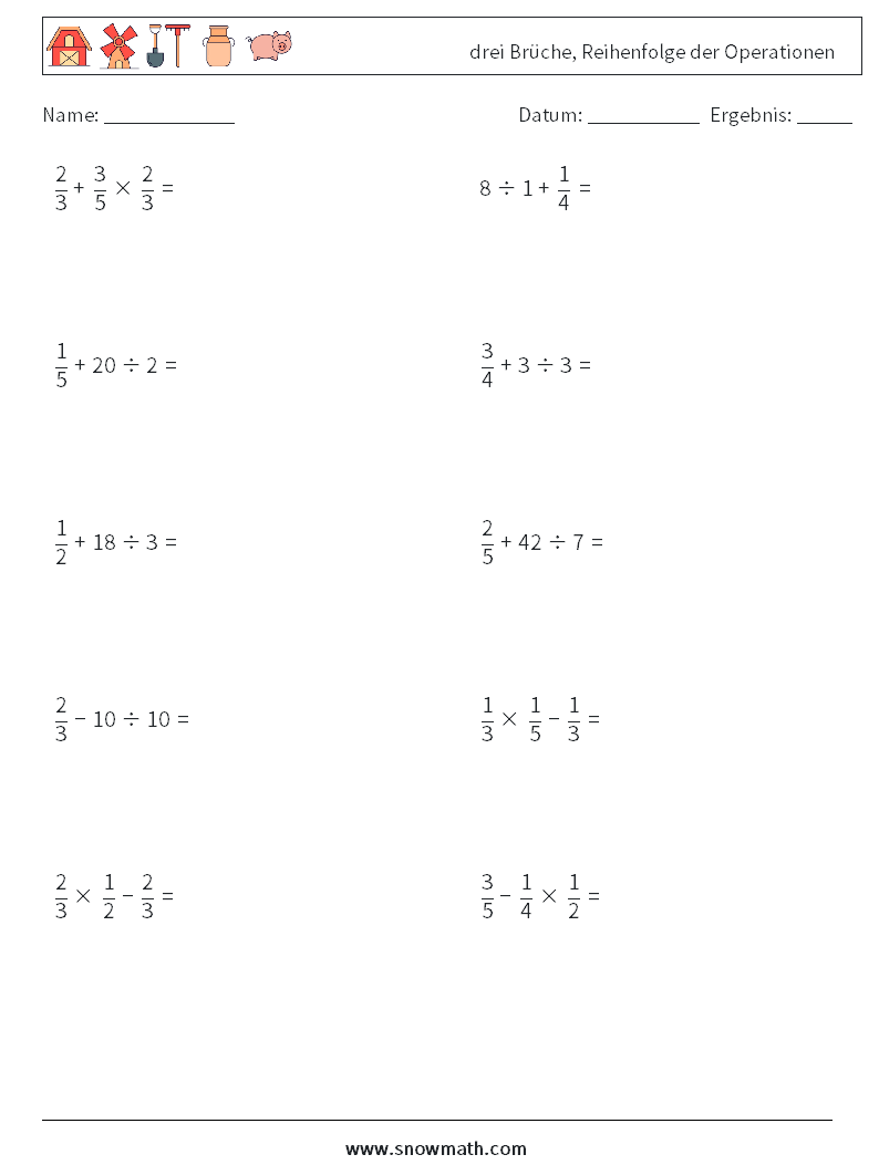 (10) drei Brüche, Reihenfolge der Operationen Mathe-Arbeitsblätter 18