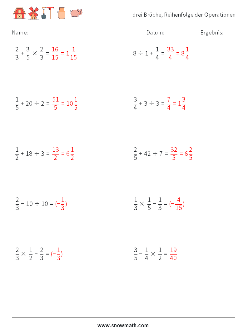 (10) drei Brüche, Reihenfolge der Operationen Mathe-Arbeitsblätter 18 Frage, Antwort