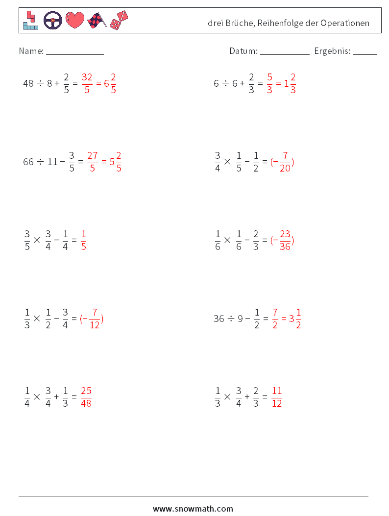 (10) drei Brüche, Reihenfolge der Operationen Mathe-Arbeitsblätter 1 Frage, Antwort