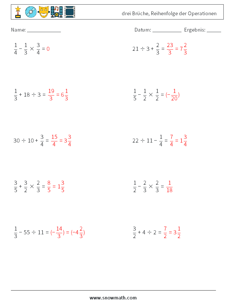 (10) drei Brüche, Reihenfolge der Operationen Mathe-Arbeitsblätter 4 Frage, Antwort