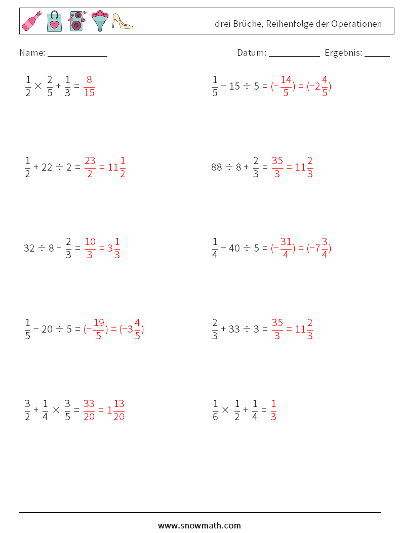 (10) drei Brüche, Reihenfolge der Operationen Mathe-Arbeitsblätter 5 Frage, Antwort