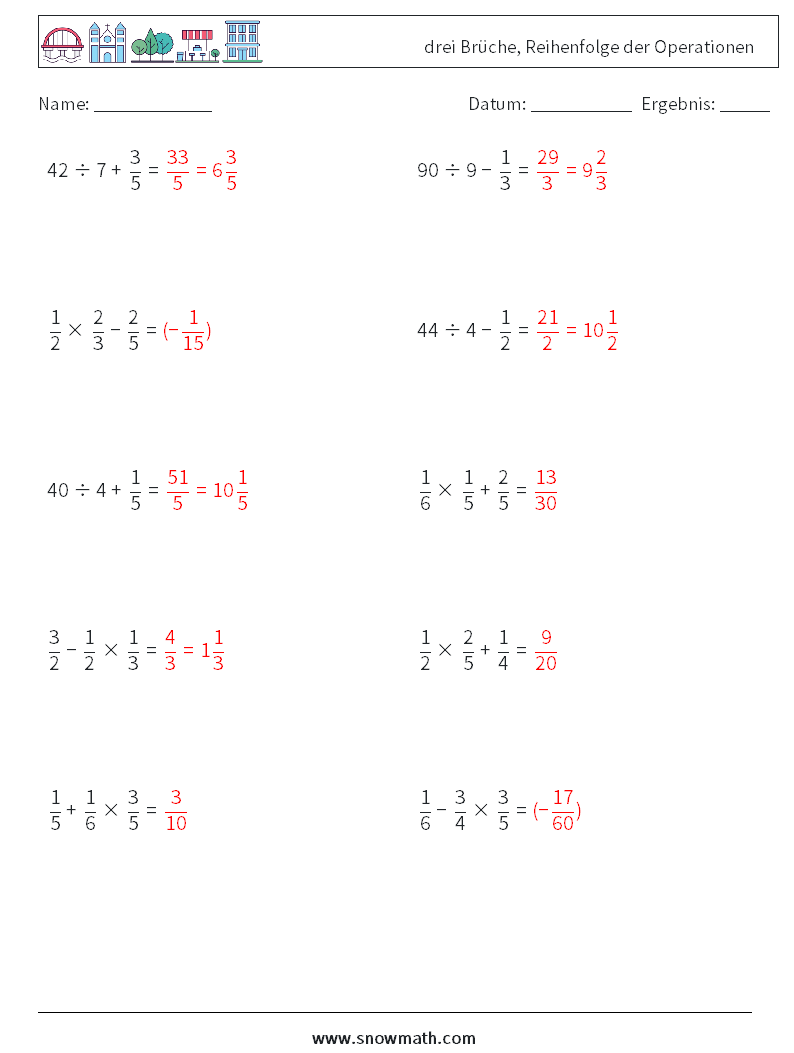 (10) drei Brüche, Reihenfolge der Operationen Mathe-Arbeitsblätter 6 Frage, Antwort