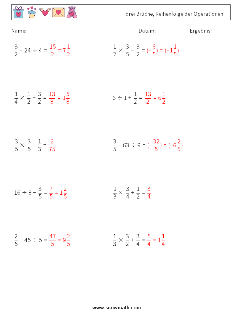 (10) drei Brüche, Reihenfolge der Operationen Mathe-Arbeitsblätter 7 Frage, Antwort