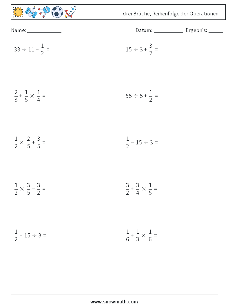 (10) drei Brüche, Reihenfolge der Operationen Mathe-Arbeitsblätter 8