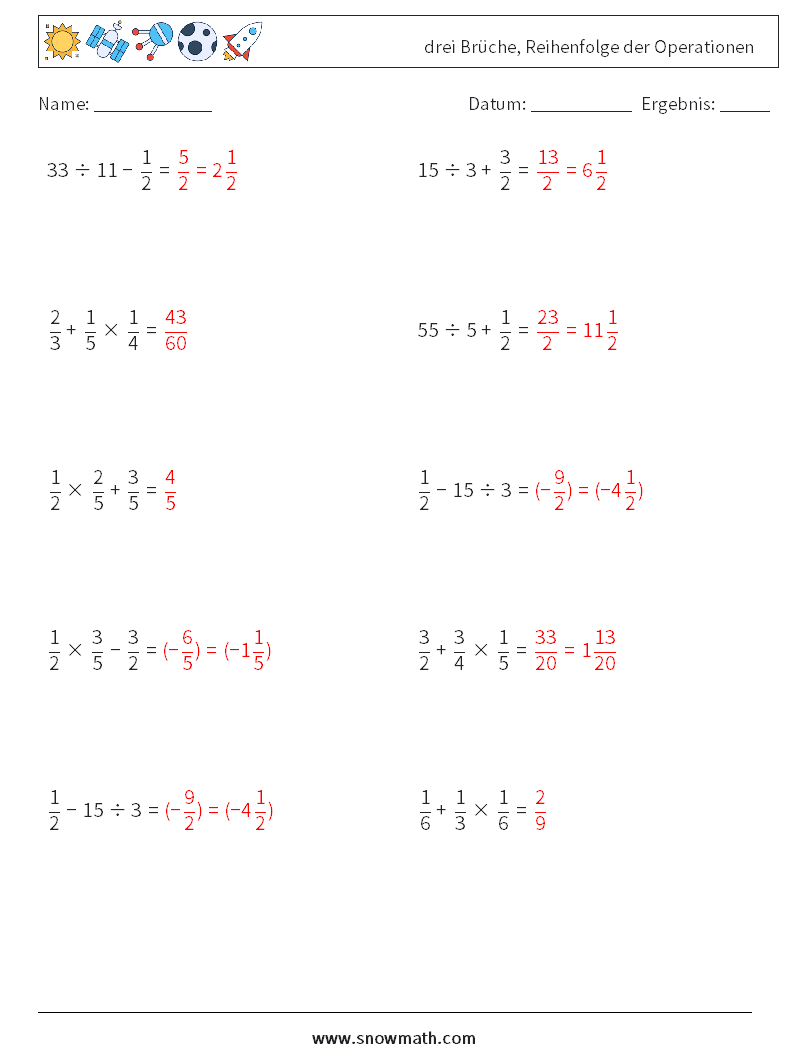 (10) drei Brüche, Reihenfolge der Operationen Mathe-Arbeitsblätter 8 Frage, Antwort