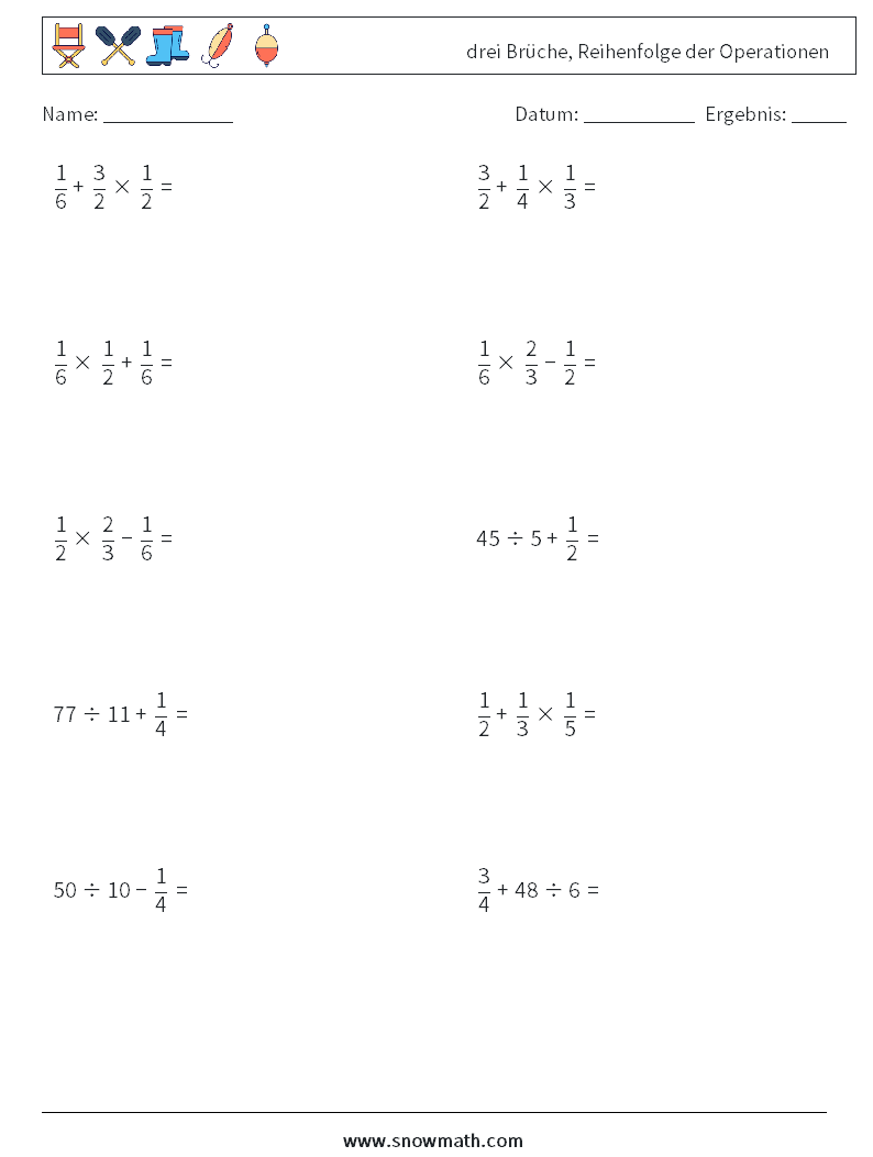 (10) drei Brüche, Reihenfolge der Operationen Mathe-Arbeitsblätter 9