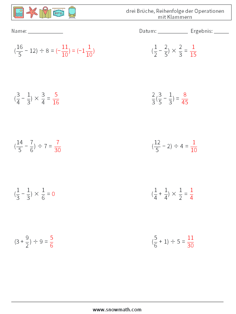 (10) drei Brüche, Reihenfolge der Operationen mit Klammern Mathe-Arbeitsblätter 10 Frage, Antwort