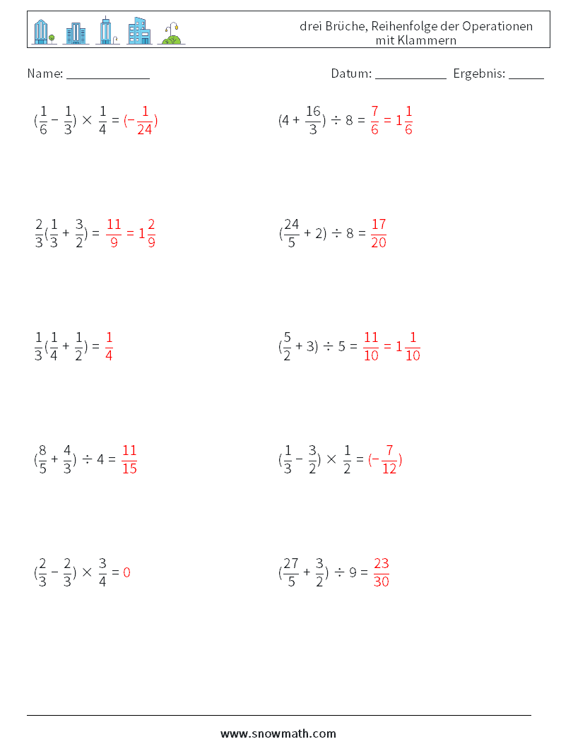 (10) drei Brüche, Reihenfolge der Operationen mit Klammern Mathe-Arbeitsblätter 12 Frage, Antwort