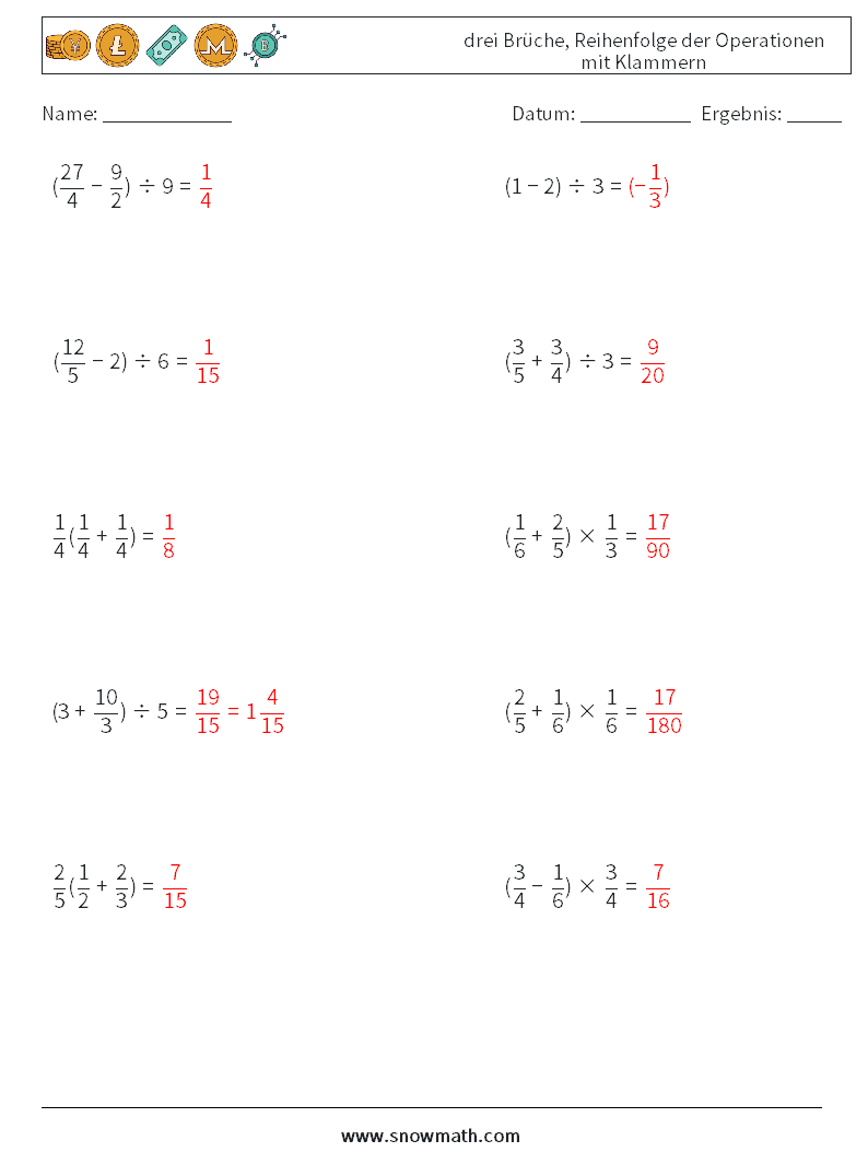 (10) drei Brüche, Reihenfolge der Operationen mit Klammern Mathe-Arbeitsblätter 14 Frage, Antwort