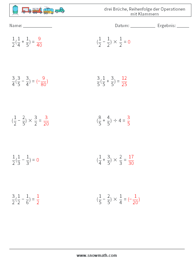 (10) drei Brüche, Reihenfolge der Operationen mit Klammern Mathe-Arbeitsblätter 15 Frage, Antwort