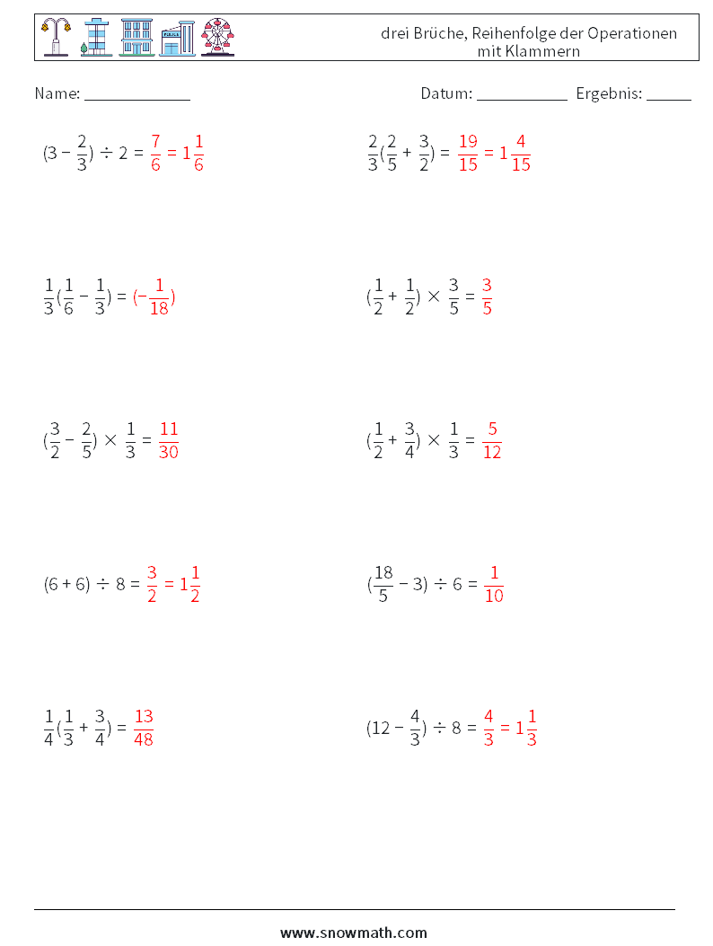 (10) drei Brüche, Reihenfolge der Operationen mit Klammern Mathe-Arbeitsblätter 16 Frage, Antwort