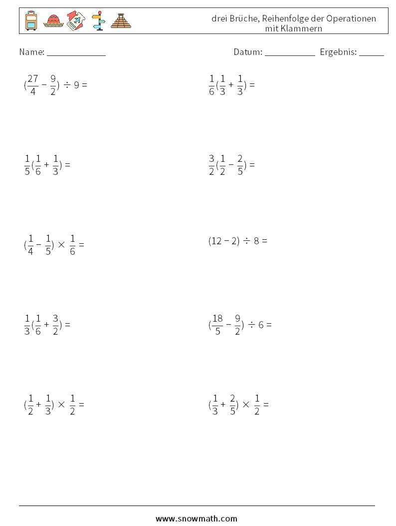 (10) drei Brüche, Reihenfolge der Operationen mit Klammern Mathe-Arbeitsblätter 18