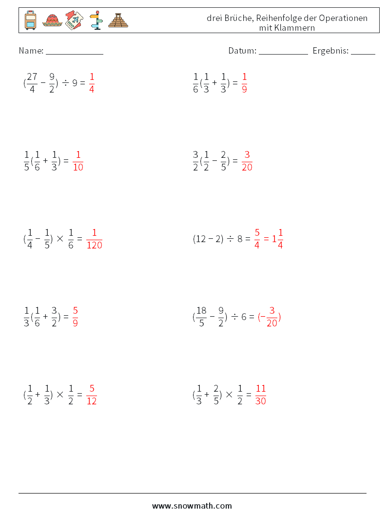 (10) drei Brüche, Reihenfolge der Operationen mit Klammern Mathe-Arbeitsblätter 18 Frage, Antwort