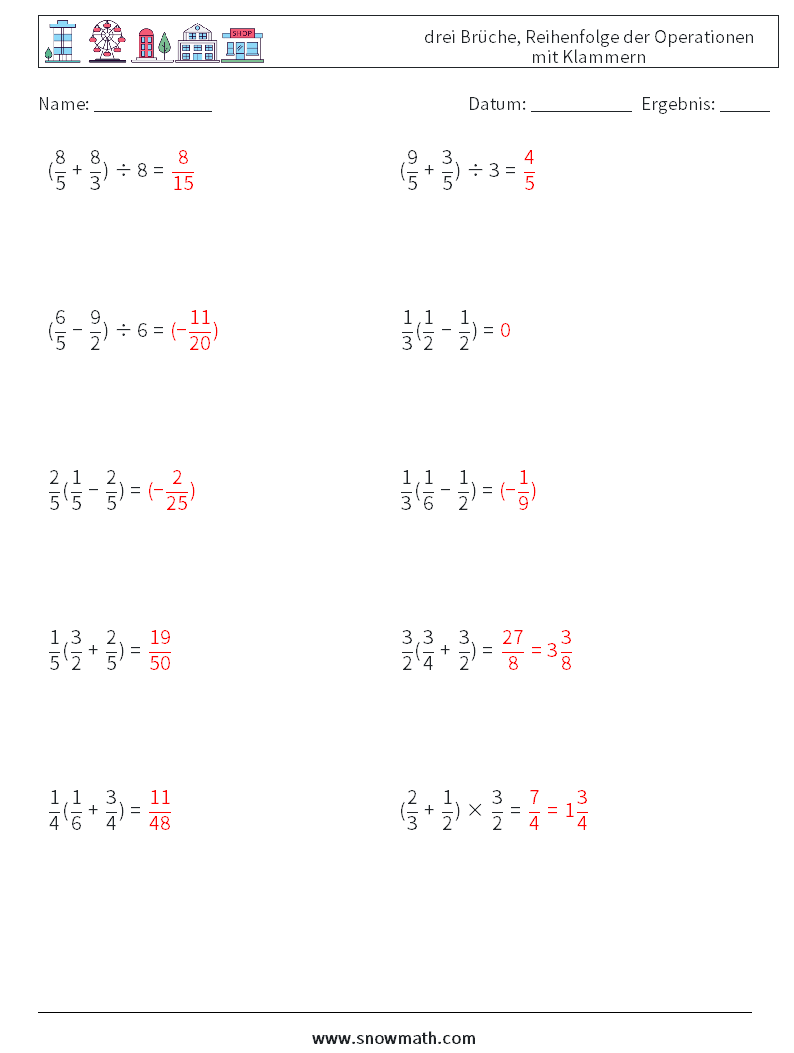 (10) drei Brüche, Reihenfolge der Operationen mit Klammern Mathe-Arbeitsblätter 1 Frage, Antwort