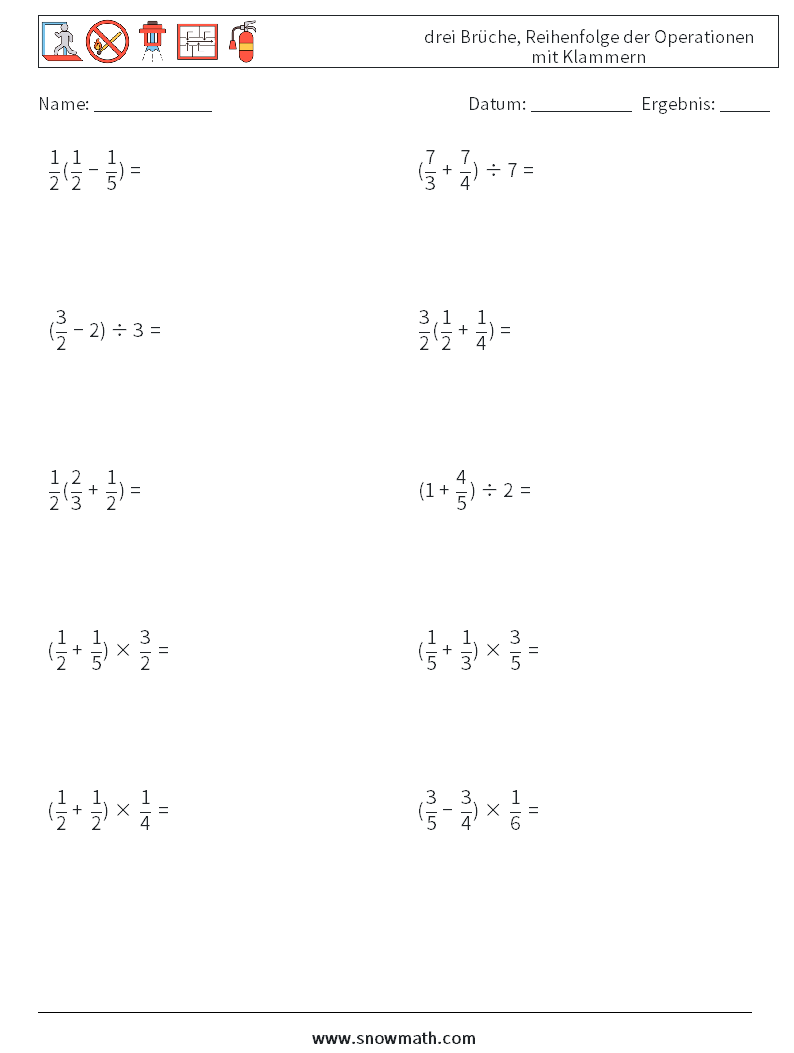 (10) drei Brüche, Reihenfolge der Operationen mit Klammern Mathe-Arbeitsblätter 3