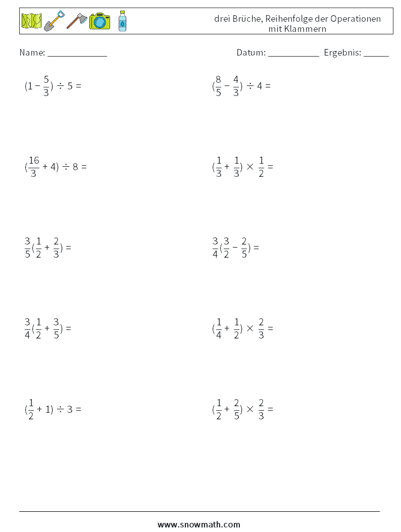 (10) drei Brüche, Reihenfolge der Operationen mit Klammern Mathe-Arbeitsblätter 4