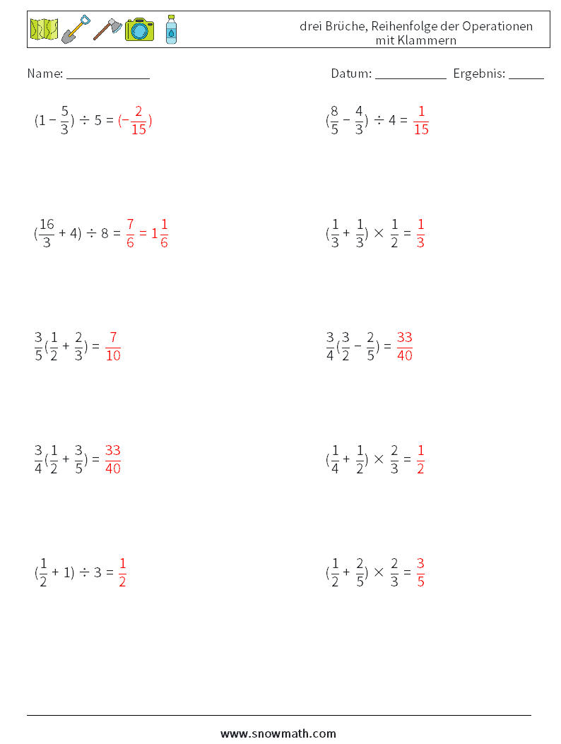 (10) drei Brüche, Reihenfolge der Operationen mit Klammern Mathe-Arbeitsblätter 4 Frage, Antwort