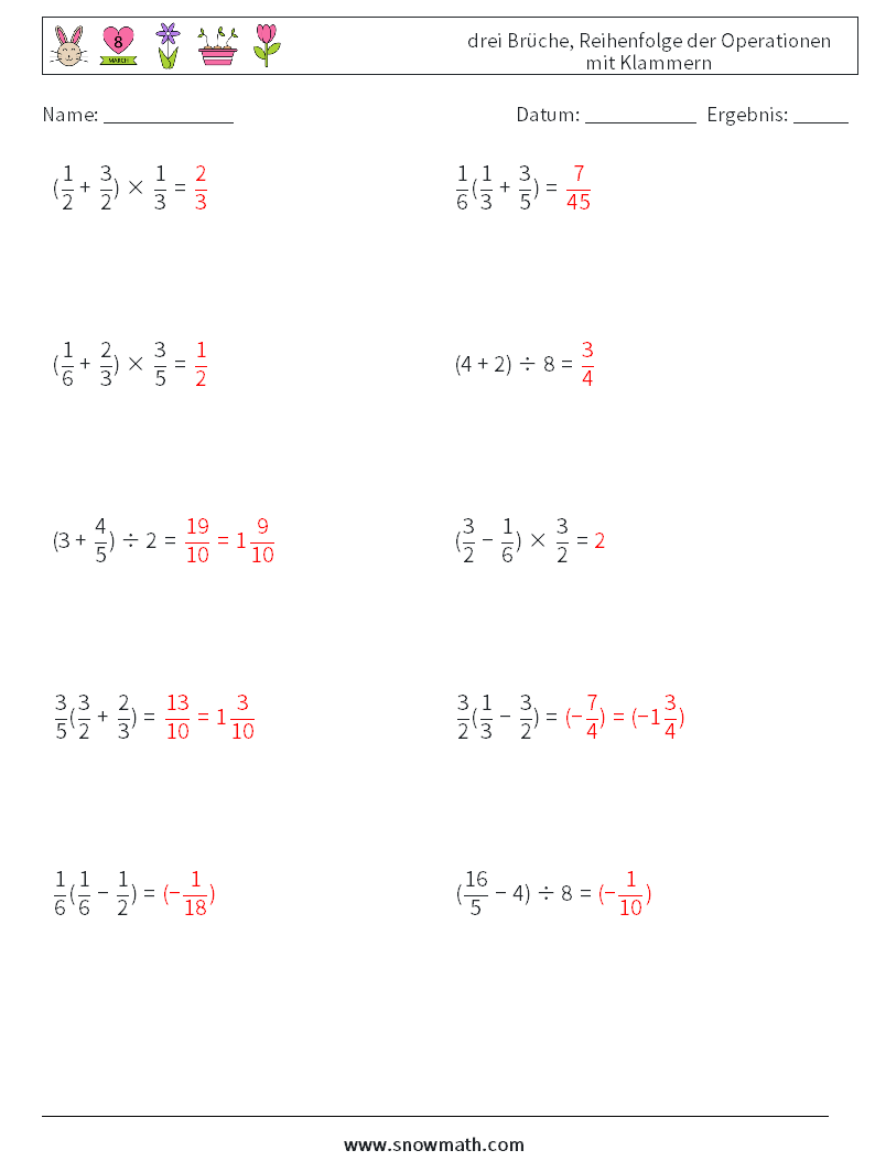 (10) drei Brüche, Reihenfolge der Operationen mit Klammern Mathe-Arbeitsblätter 5 Frage, Antwort