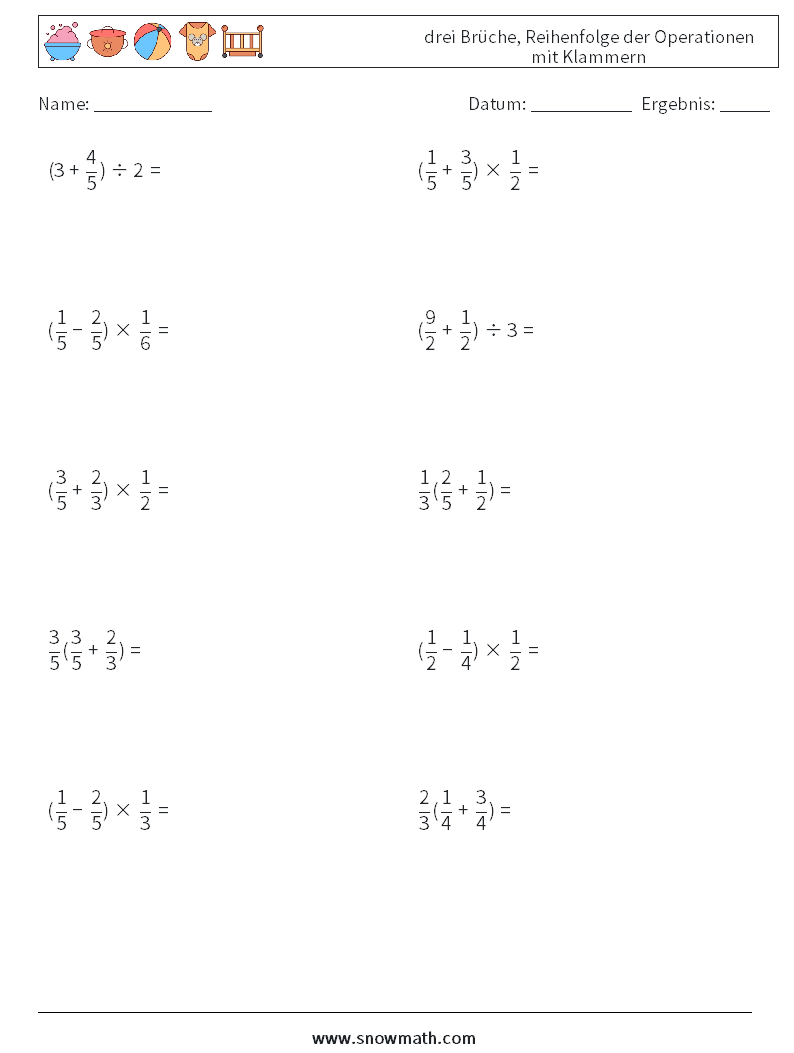 (10) drei Brüche, Reihenfolge der Operationen mit Klammern Mathe-Arbeitsblätter 7