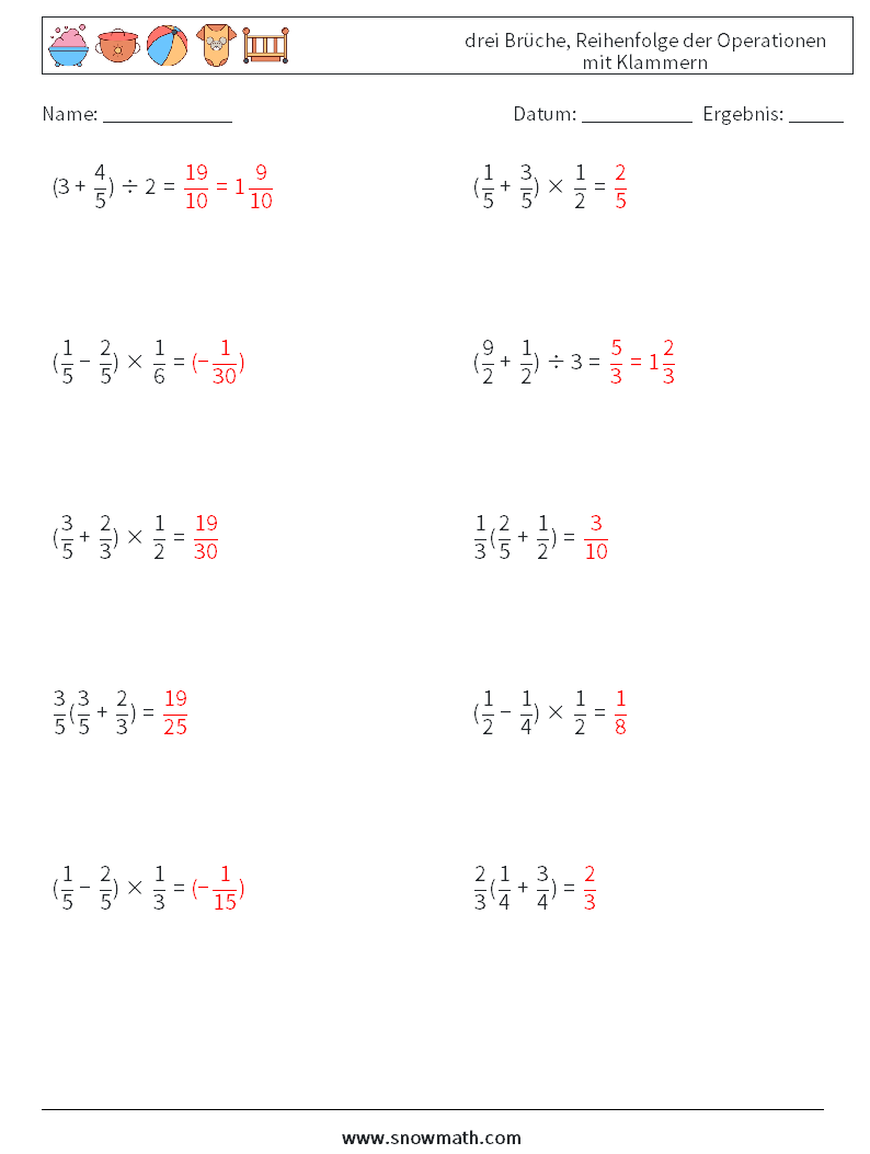 (10) drei Brüche, Reihenfolge der Operationen mit Klammern Mathe-Arbeitsblätter 7 Frage, Antwort