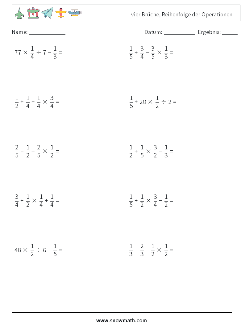 (10) vier Brüche, Reihenfolge der Operationen Mathe-Arbeitsblätter 1