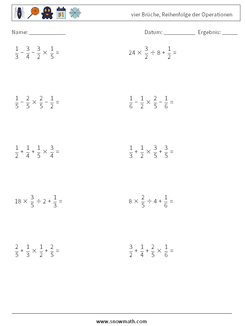 (10) vier Brüche, Reihenfolge der Operationen Mathe-Arbeitsblätter 10
