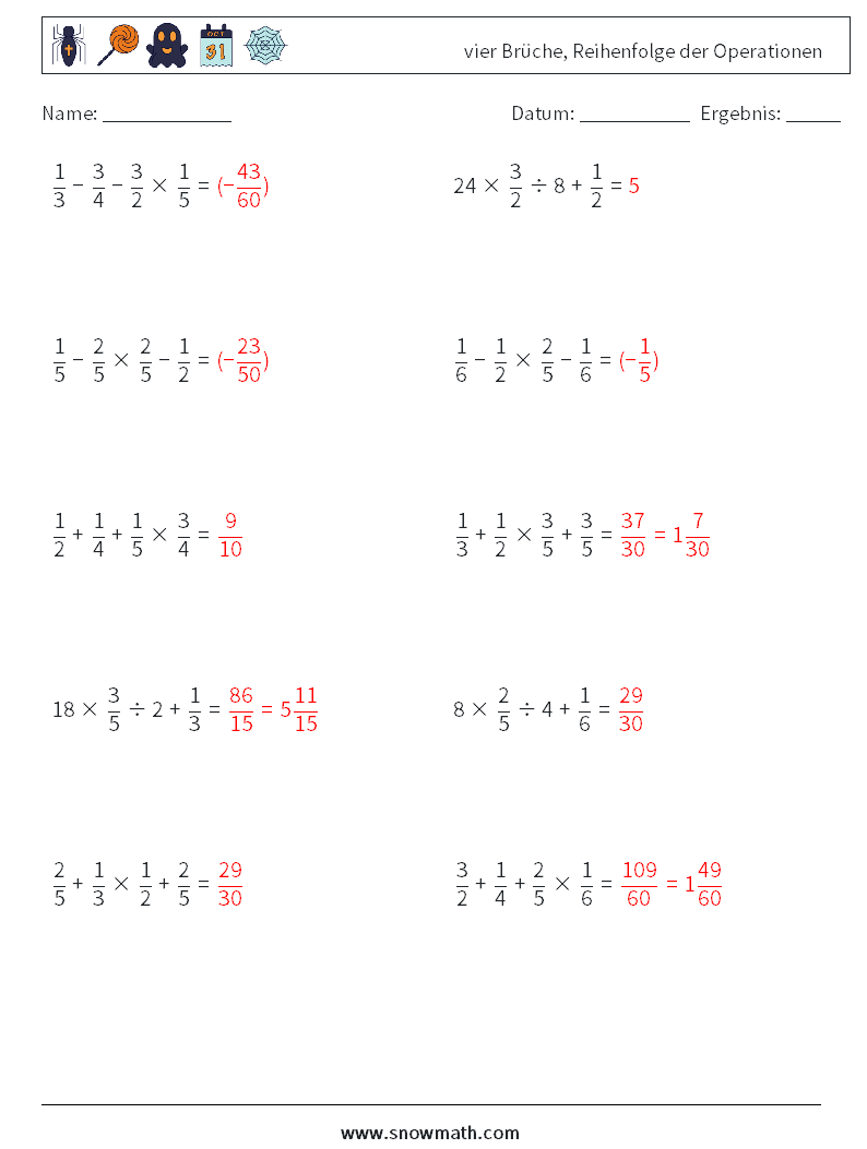 (10) vier Brüche, Reihenfolge der Operationen Mathe-Arbeitsblätter 10 Frage, Antwort