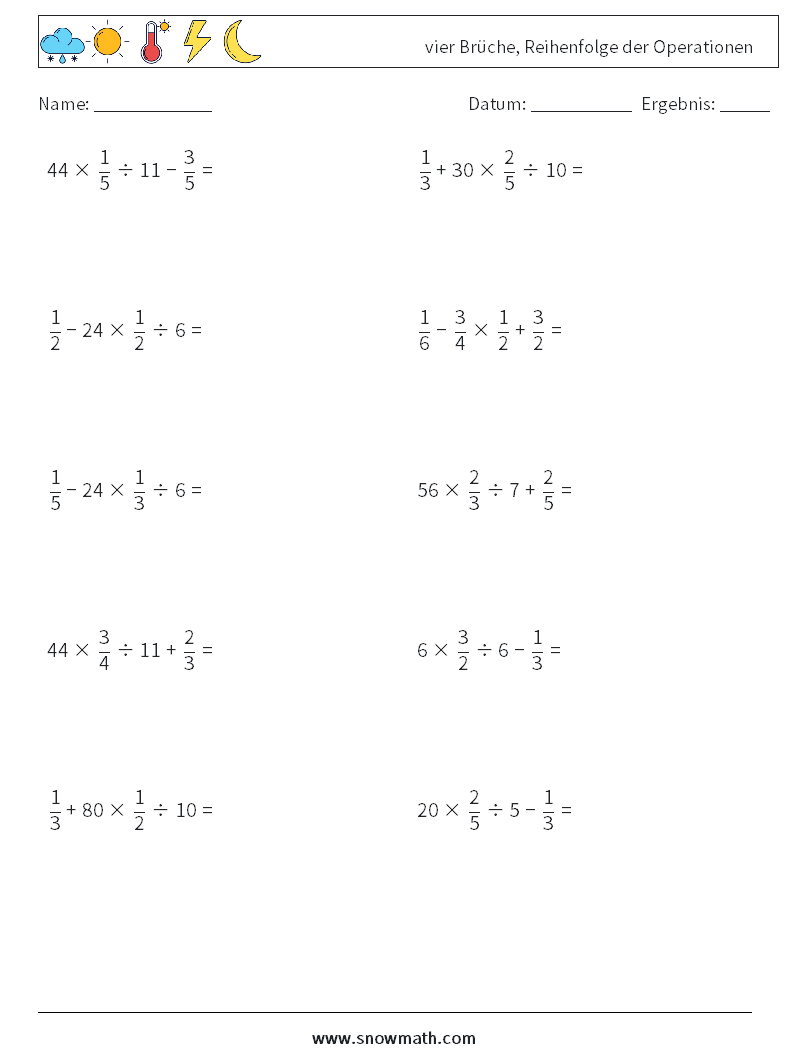 (10) vier Brüche, Reihenfolge der Operationen Mathe-Arbeitsblätter 12