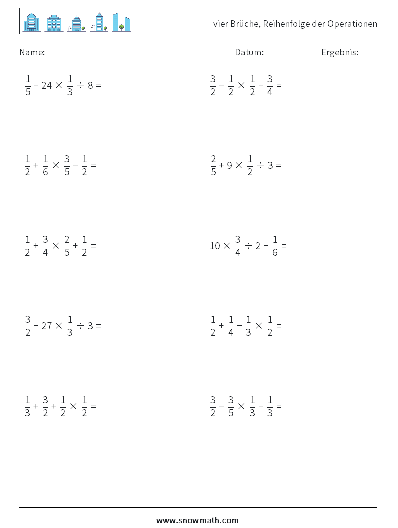 (10) vier Brüche, Reihenfolge der Operationen Mathe-Arbeitsblätter 13