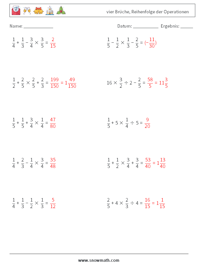 (10) vier Brüche, Reihenfolge der Operationen Mathe-Arbeitsblätter 14 Frage, Antwort