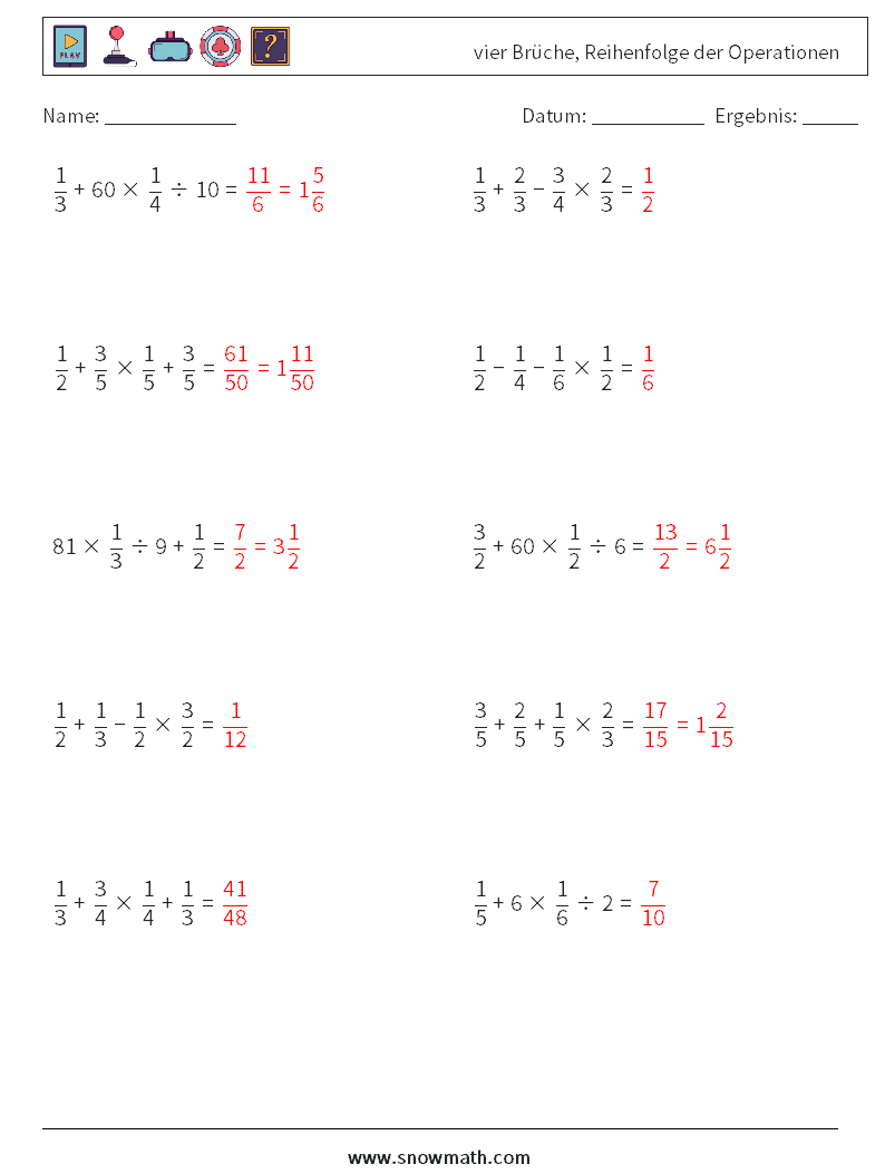 (10) vier Brüche, Reihenfolge der Operationen Mathe-Arbeitsblätter 15 Frage, Antwort