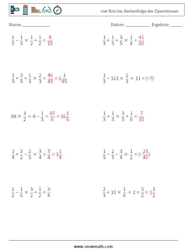 (10) vier Brüche, Reihenfolge der Operationen Mathe-Arbeitsblätter 17 Frage, Antwort