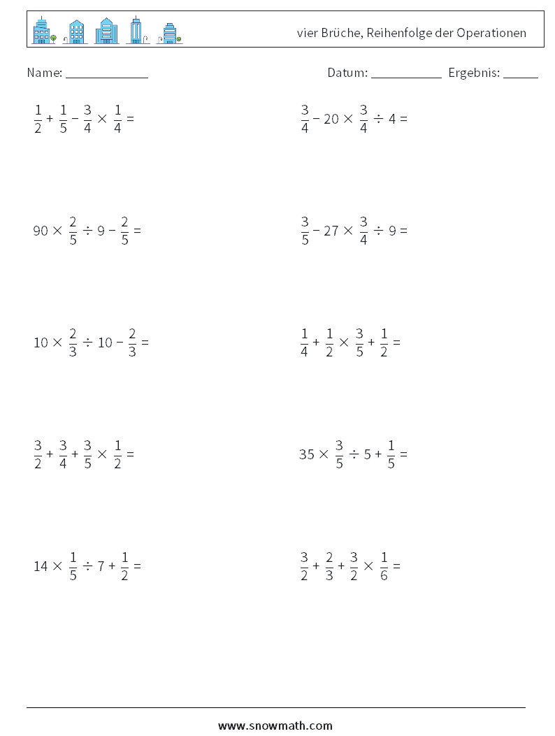 (10) vier Brüche, Reihenfolge der Operationen Mathe-Arbeitsblätter 18