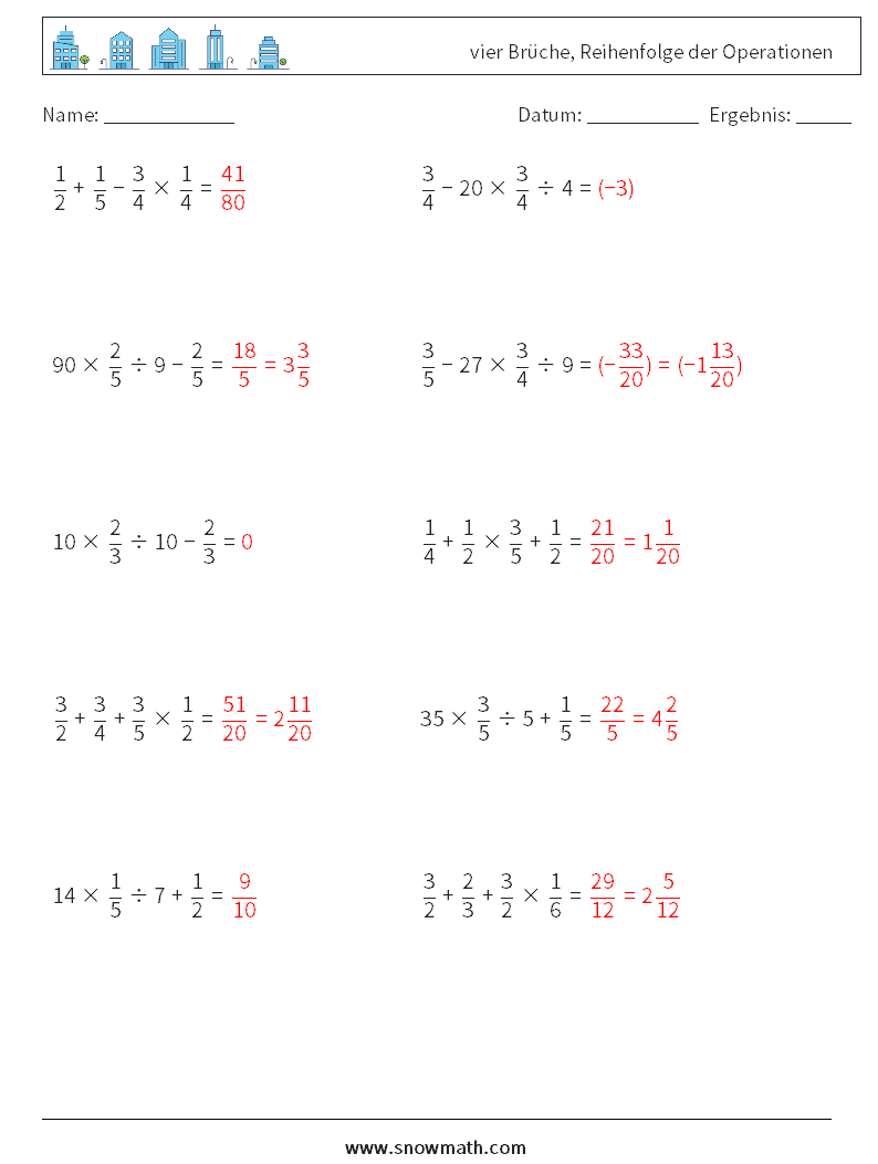 (10) vier Brüche, Reihenfolge der Operationen Mathe-Arbeitsblätter 18 Frage, Antwort