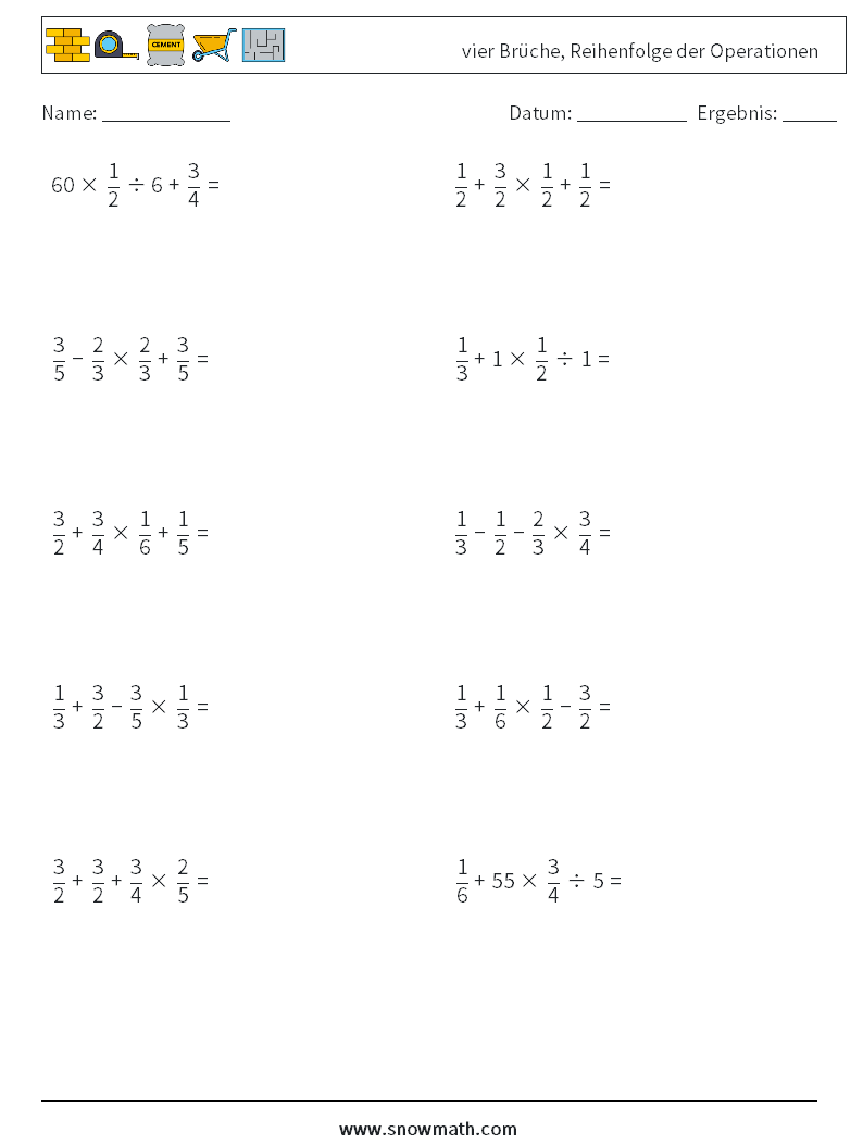 (10) vier Brüche, Reihenfolge der Operationen Mathe-Arbeitsblätter 2