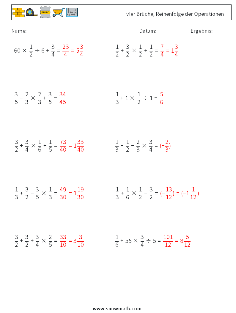 (10) vier Brüche, Reihenfolge der Operationen Mathe-Arbeitsblätter 2 Frage, Antwort