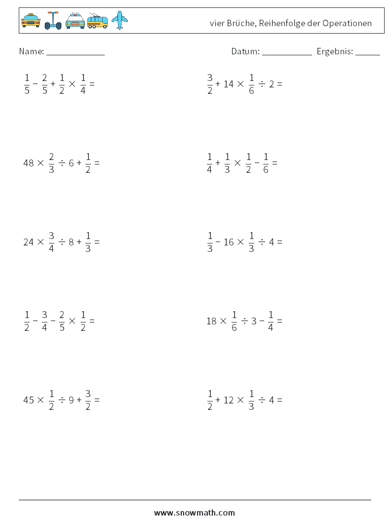 (10) vier Brüche, Reihenfolge der Operationen Mathe-Arbeitsblätter 3