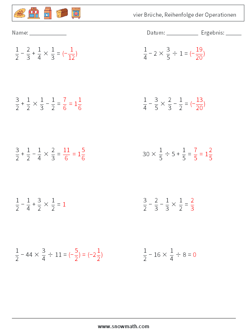 (10) vier Brüche, Reihenfolge der Operationen Mathe-Arbeitsblätter 4 Frage, Antwort