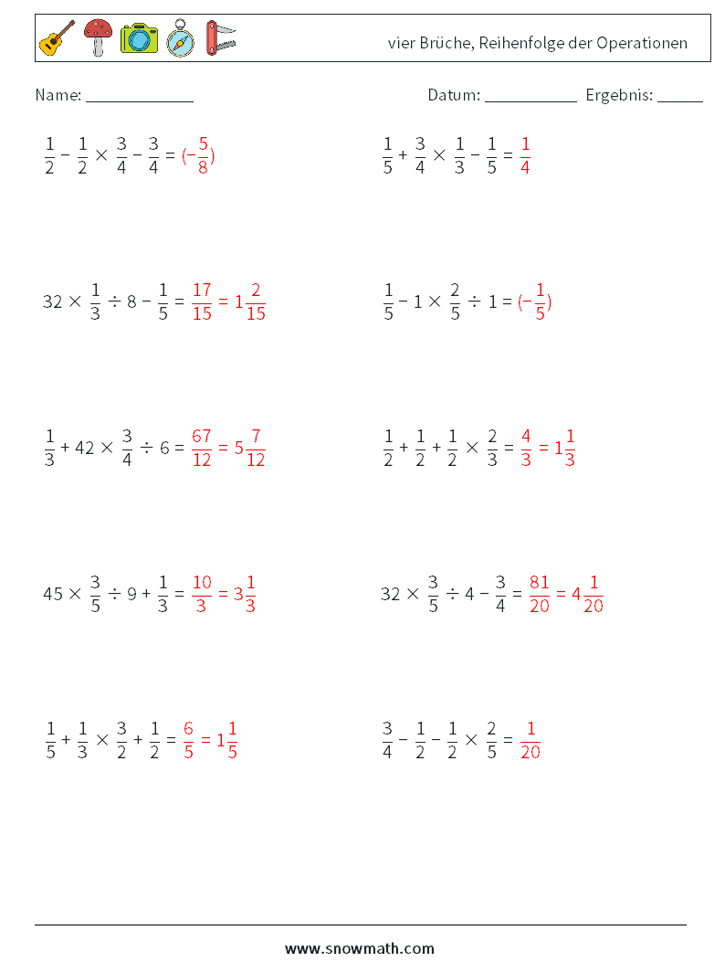 (10) vier Brüche, Reihenfolge der Operationen Mathe-Arbeitsblätter 5 Frage, Antwort