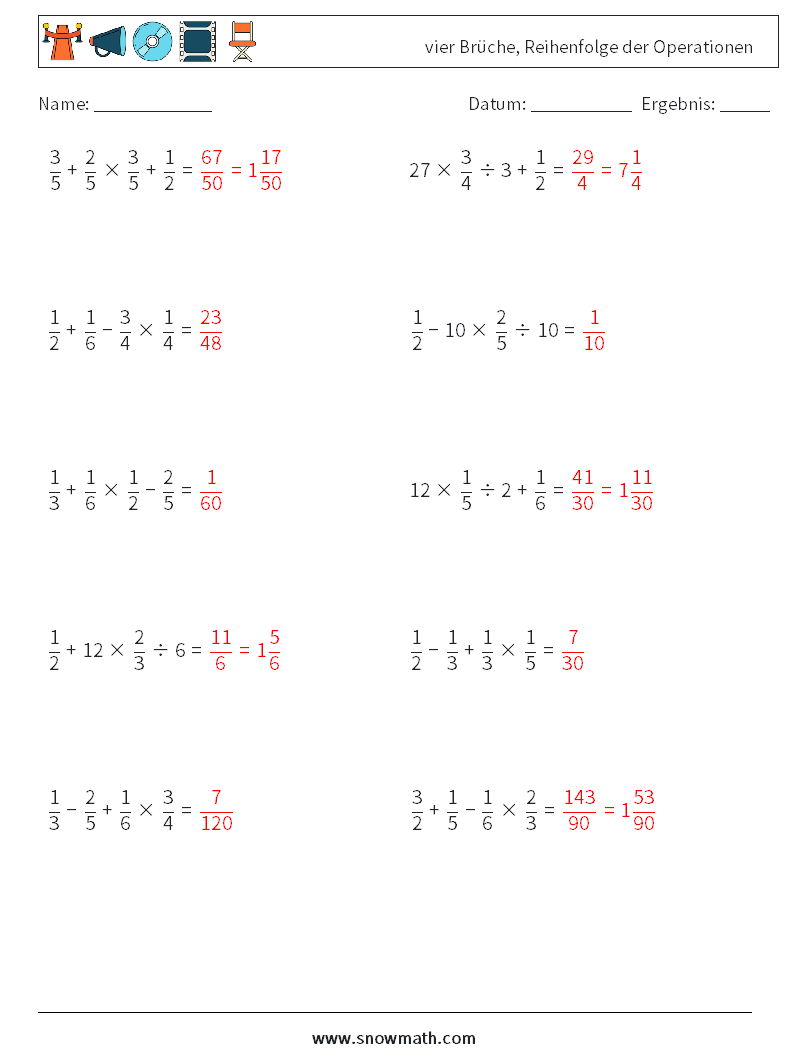 (10) vier Brüche, Reihenfolge der Operationen Mathe-Arbeitsblätter 6 Frage, Antwort