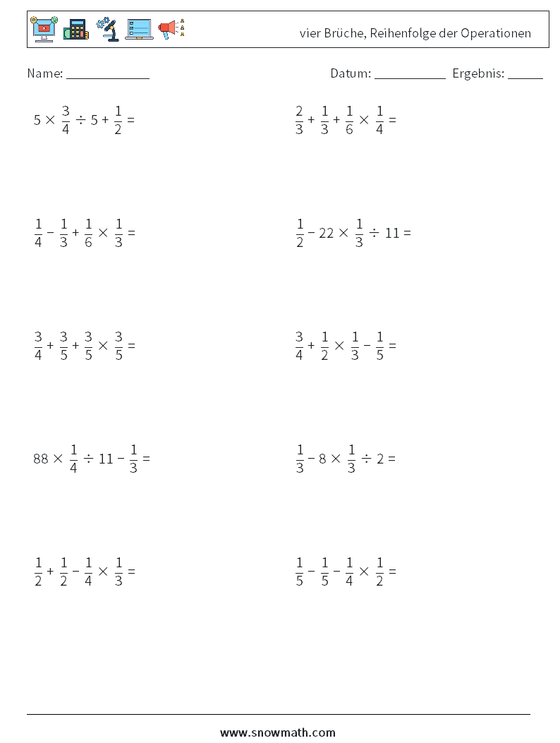 (10) vier Brüche, Reihenfolge der Operationen Mathe-Arbeitsblätter 7