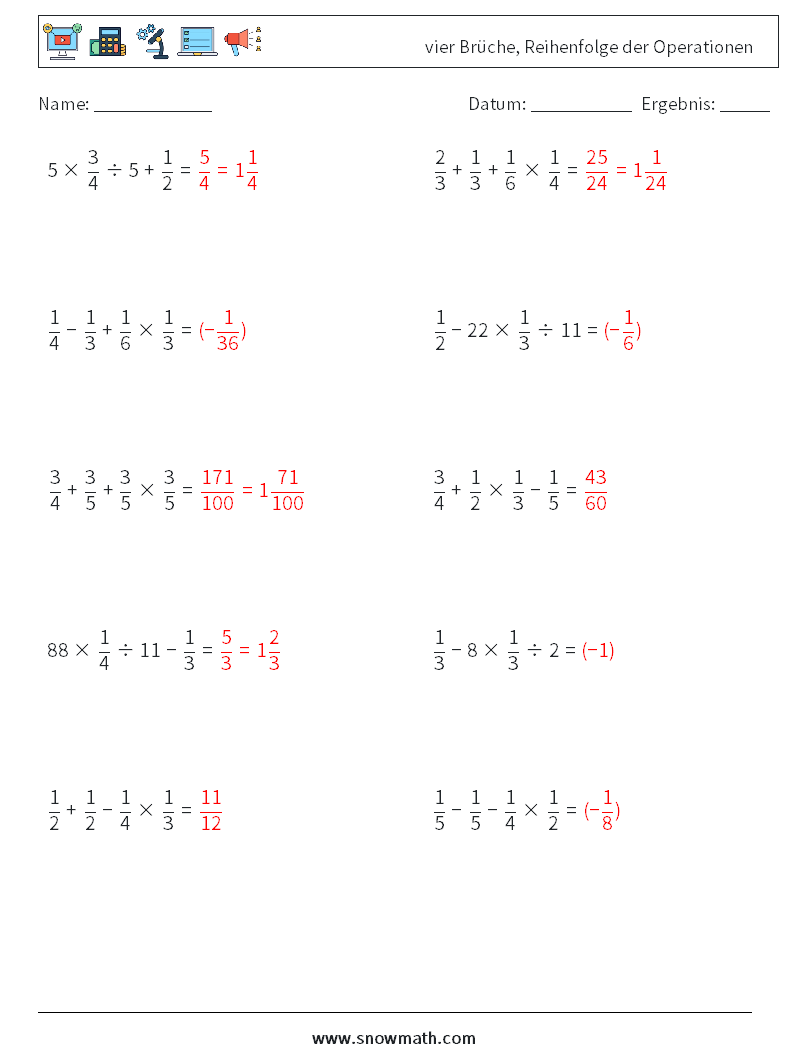 (10) vier Brüche, Reihenfolge der Operationen Mathe-Arbeitsblätter 7 Frage, Antwort