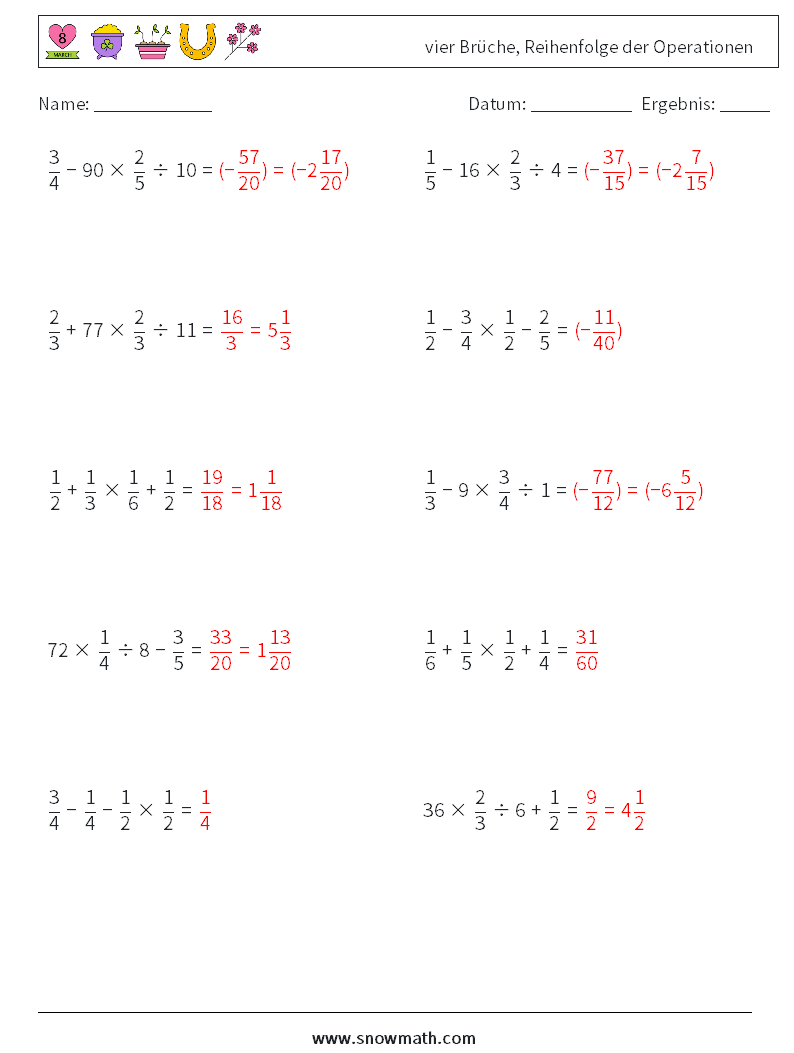 (10) vier Brüche, Reihenfolge der Operationen Mathe-Arbeitsblätter 8 Frage, Antwort