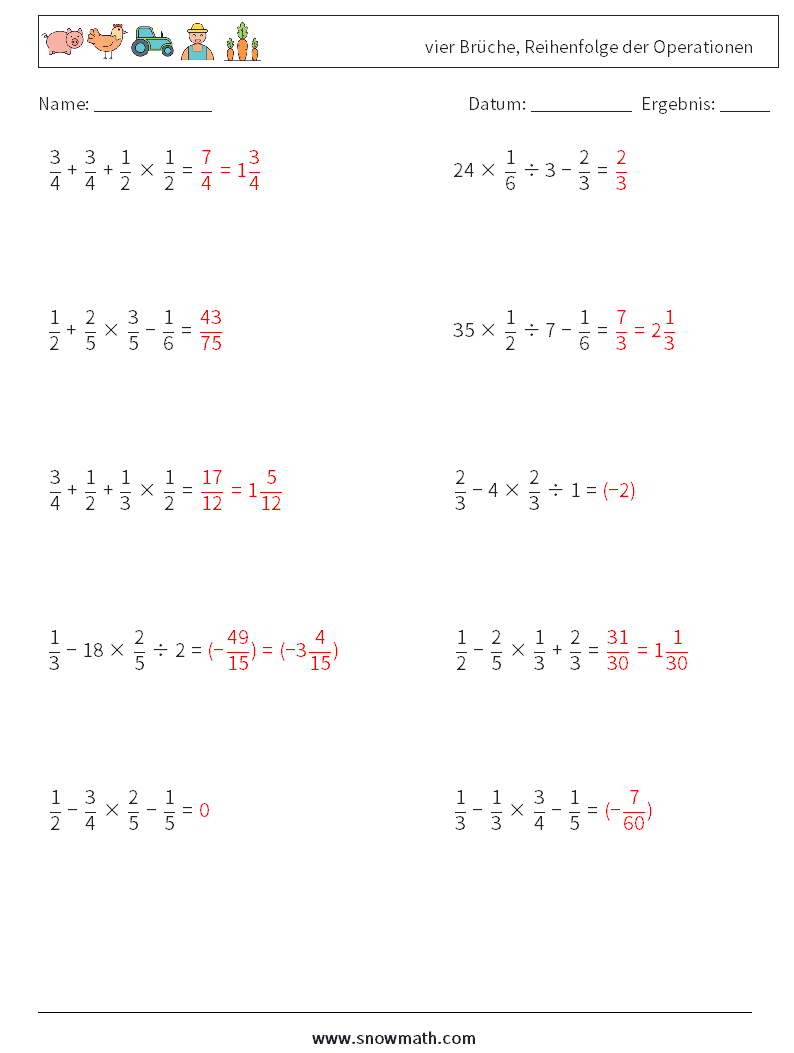 (10) vier Brüche, Reihenfolge der Operationen Mathe-Arbeitsblätter 9 Frage, Antwort