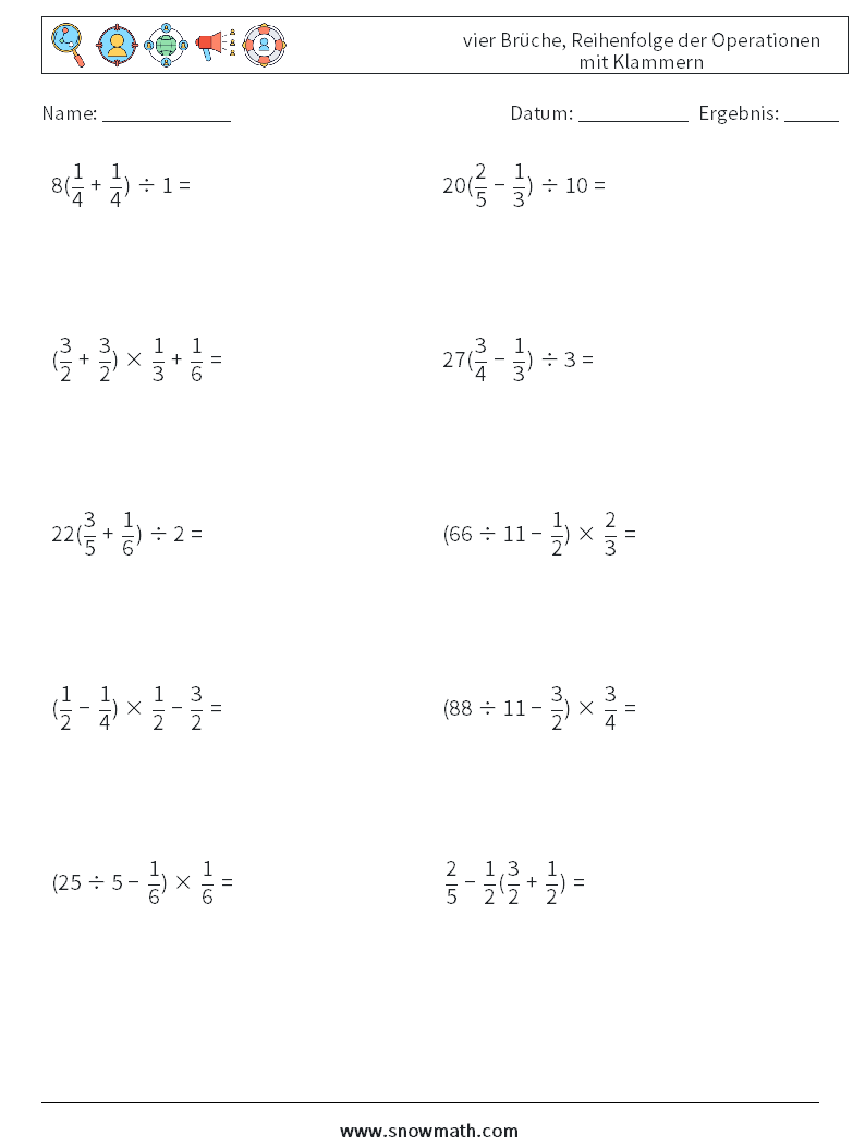(10) vier Brüche, Reihenfolge der Operationen mit Klammern Mathe-Arbeitsblätter 1